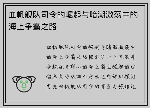 血帆舰队司令的崛起与暗潮激荡中的海上争霸之路